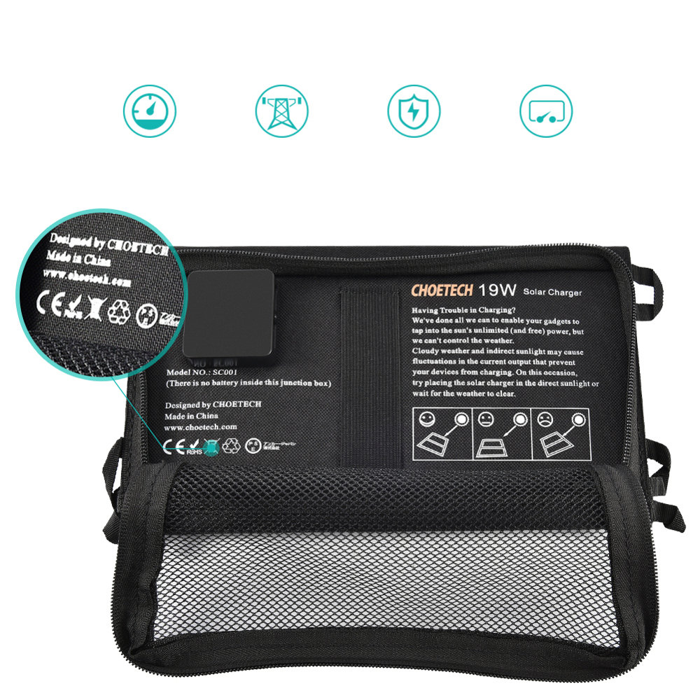 Choetech Pārnēsājams Saules Paneļa Lādētājs Uzlādes Ierīce Ceļošanai 19W USB 5V / 2.4A, Pelēka | Foldable... (1)