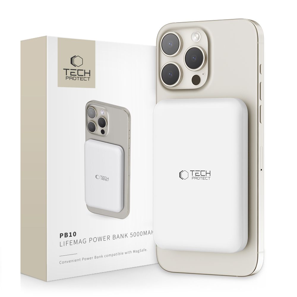Tech-Protect LifeMag PB10 Powerbank ar MagSafe 5000mAh 15W USB-C pieslēgvietu - balta + kabelis | with port white cable
