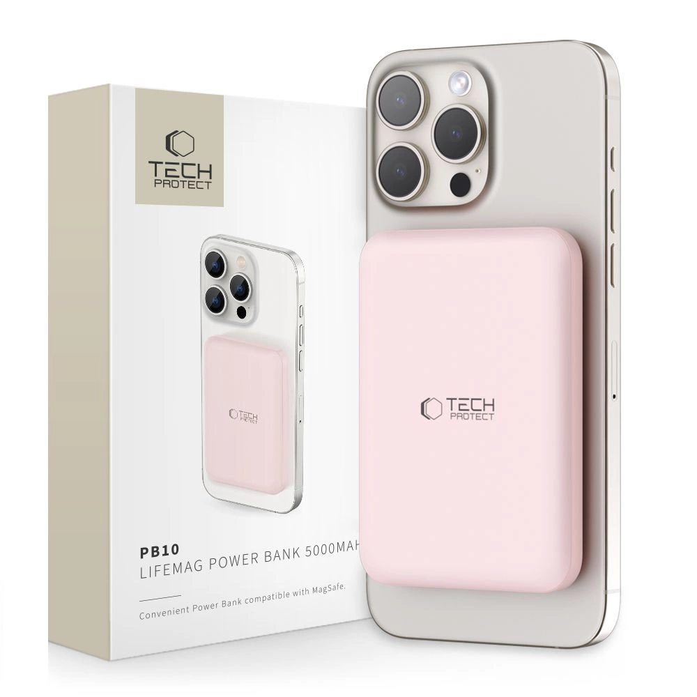 Tech-Protect LifeMag PB10 Powerbank ar MagSafe 5000mAh 15W USB-C portu - rozā + kabelis | with port pink cable