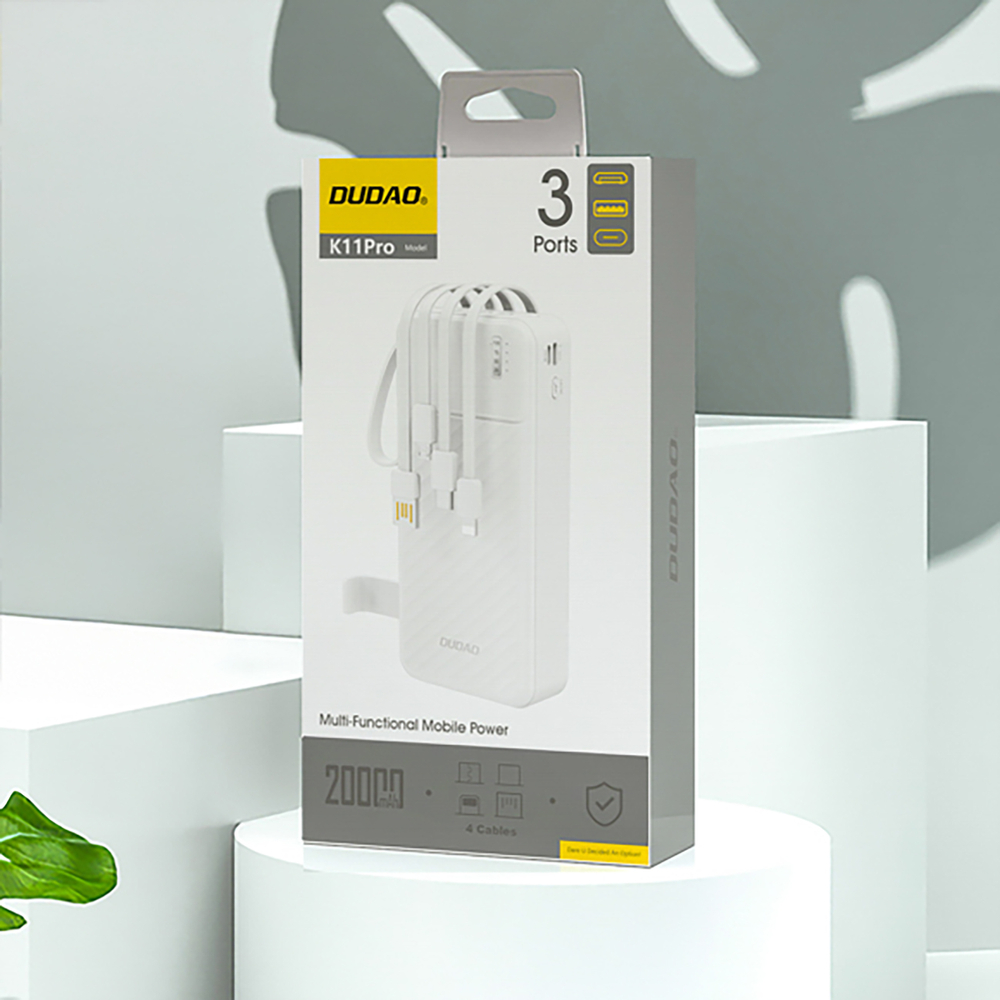 Dudao K11 Pro 20000mAh portatīvais lādētājs ar iebūvētiem vadiem - Balts | Powerbank With Built-In Cables White (2)