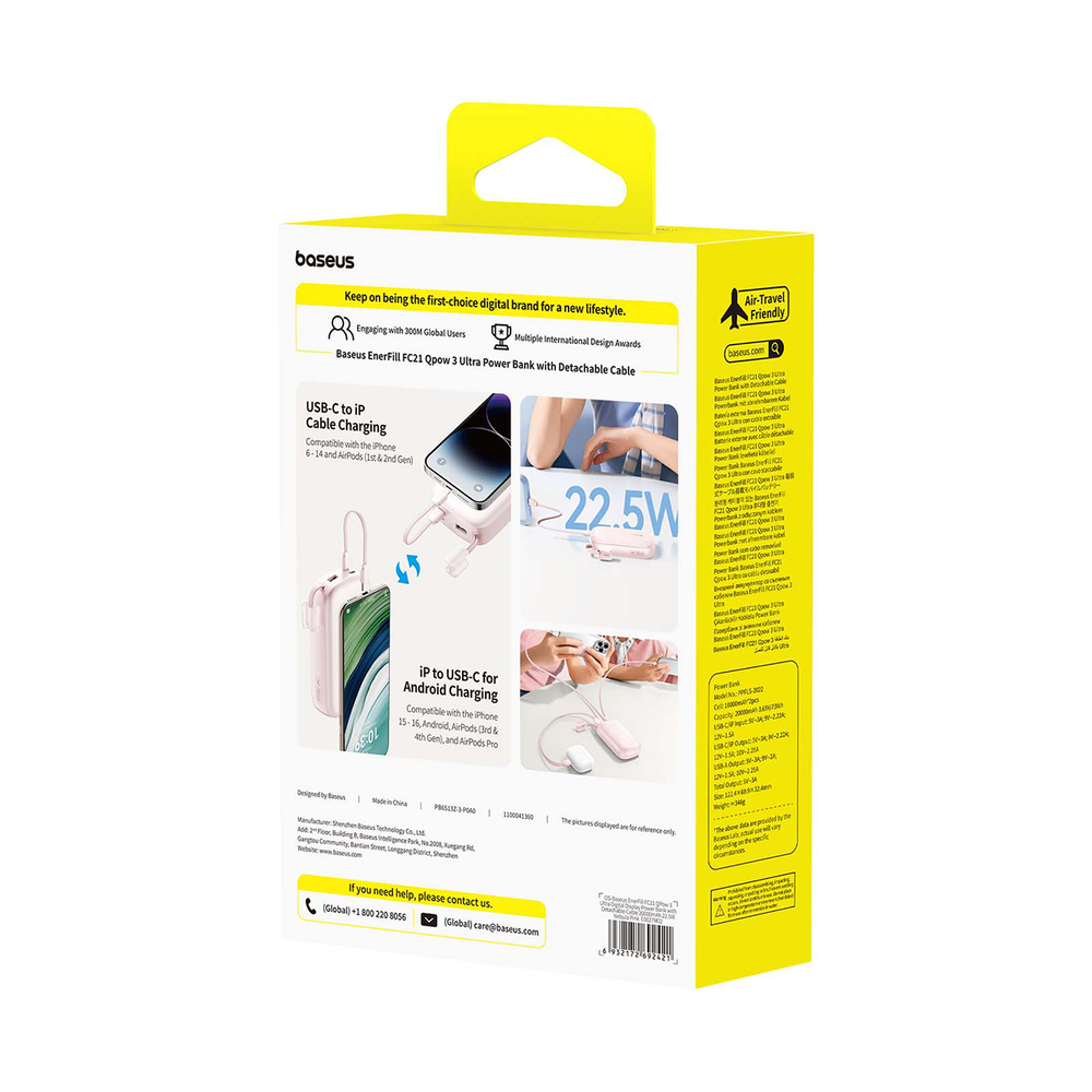 Baseus EnerFill FC21 Qpow 3 Ultra 20000mAh 22,5W ārējā baterija ar displeju un iebūvētu kabeli – rozā (3)