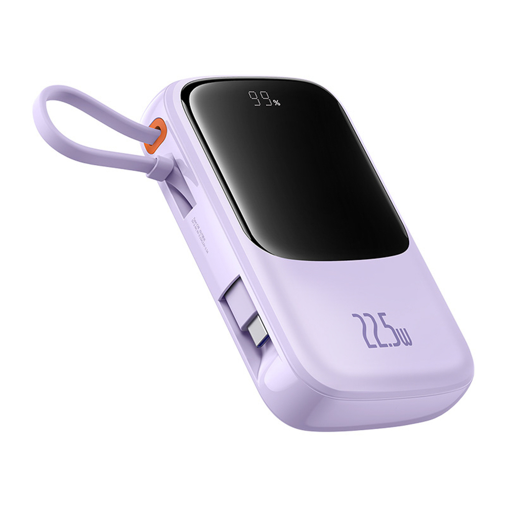 Baseus Qpow Pro+ 10000mAh 22,5W portatīvais akumulators ar iebūvētu USB‑C kabeli un displeju – violets (1)