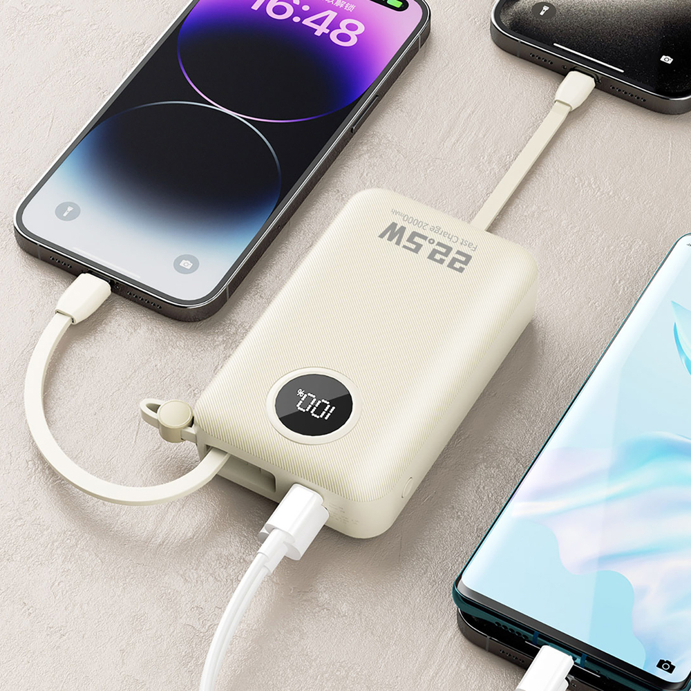 Dudao K14+ ārējais akumulators 20000mAh 22.5W ar USB-C / USB-A un iebūvētiem Lightning un USB-C kabeļiem – balts (3)