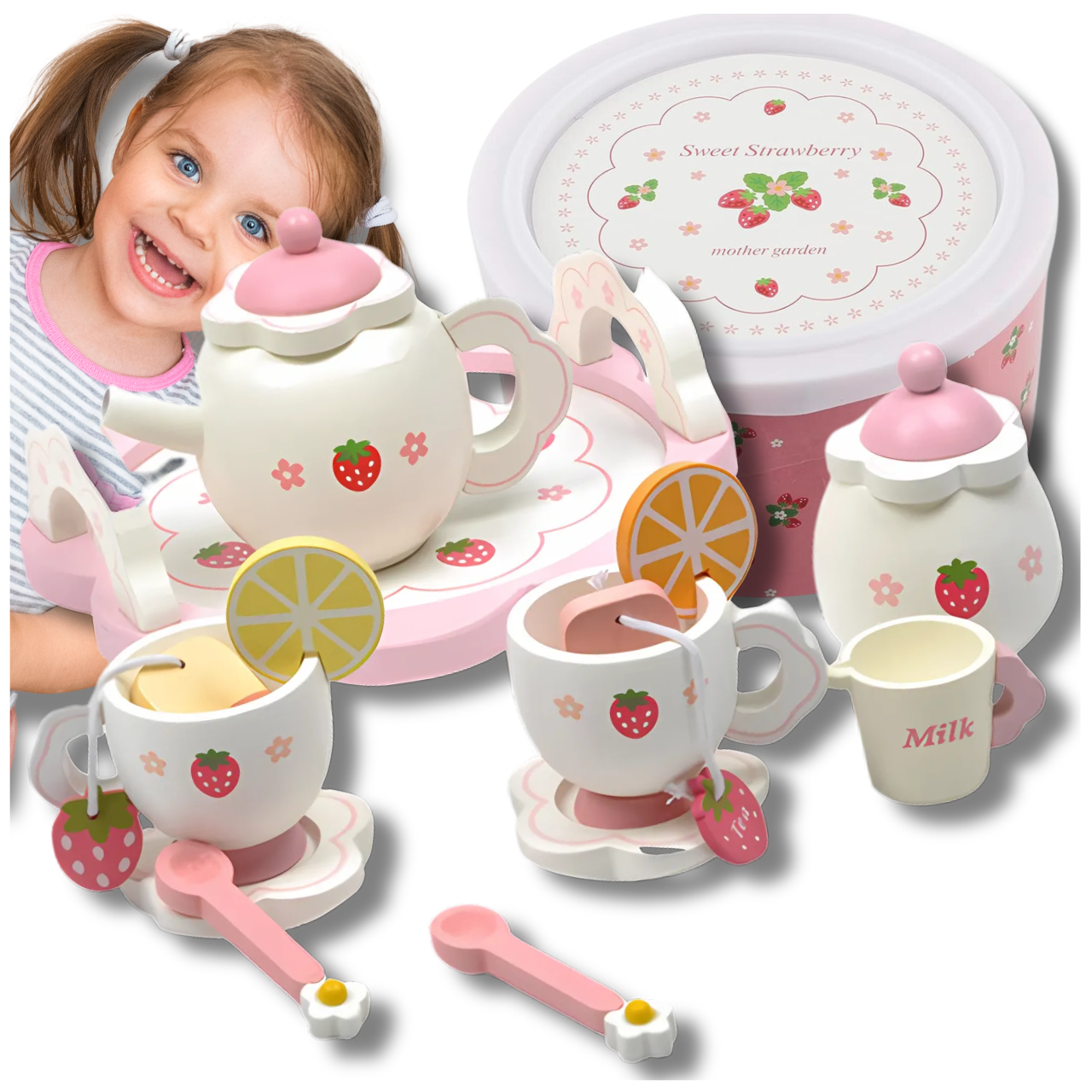 Bērnu Spēļu Tējas Servīze Koka Rotaļu Trauku Komplekts | Kids Toy Tea Set Wooden Tableware Kit