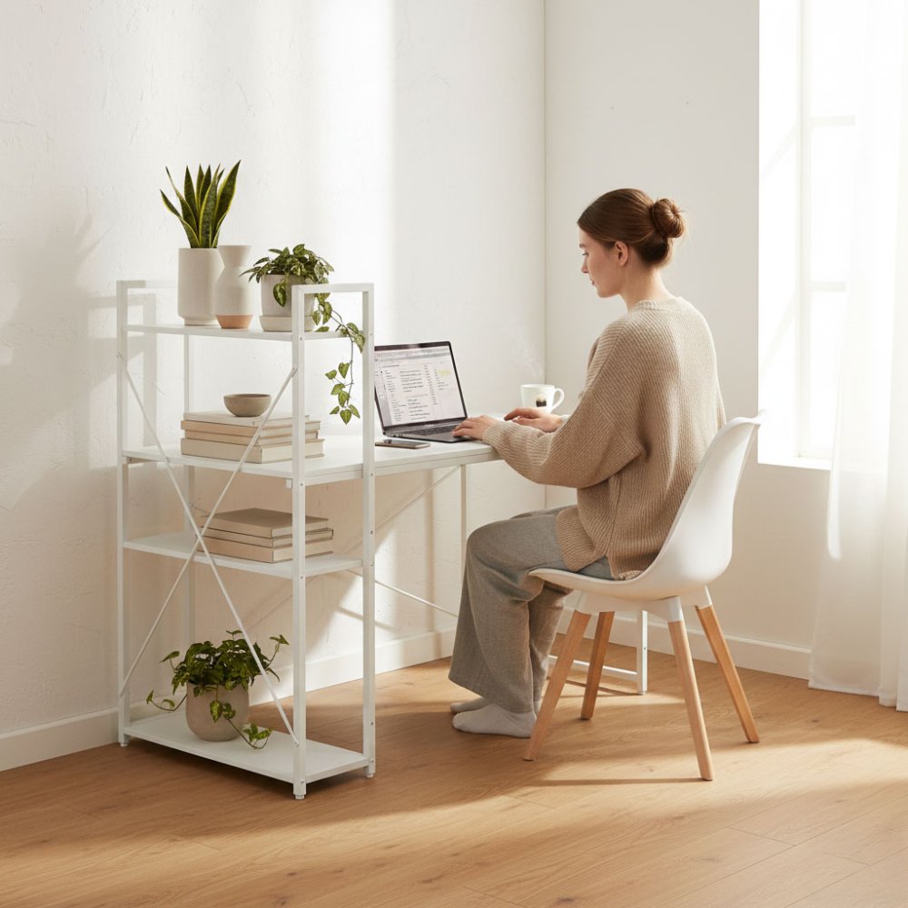 Datora galds ar plauktiem 120x60 cm ModernHome, balts (0)