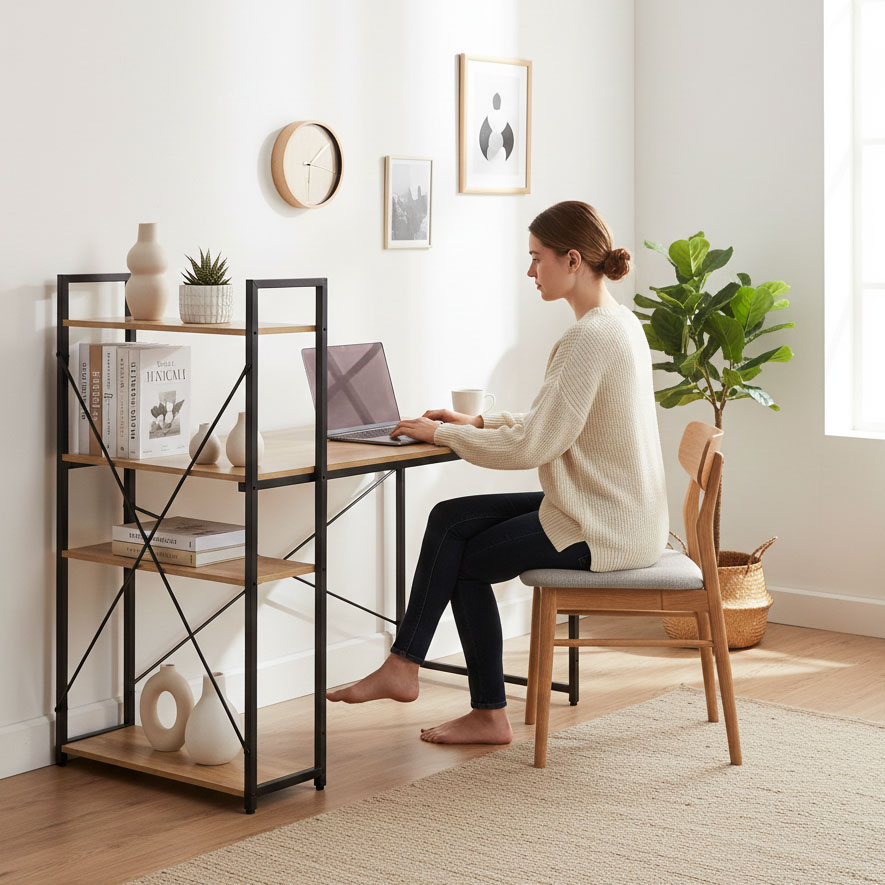 Datorgalds ar plauktiem 120x60 cm ModernHome loft stila, gaišs ozols (0)