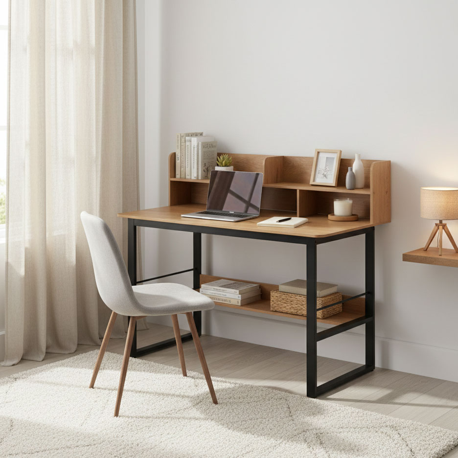 Datorgalds ar plauktiem 120x60 cm ModernHome loft stilā, gaišs ozols (1)
