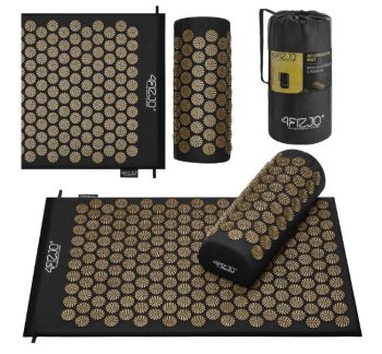 4Fizjo akupresūras paklājs, akupunktūras adatu masāžas paklājiņš, Kuznecova aplikators, komplekts ar spilvenu, 68x42 cm, Melns/Zelta | Acupuncture Massage Mat