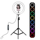 Puluz gredzenveida riņķis LED gaismas lampa RGBW, komplekts ar statīvu un turētāju telefonam 1.10m USB | Vlogging Ring Photo Video Light + Tripod Mount