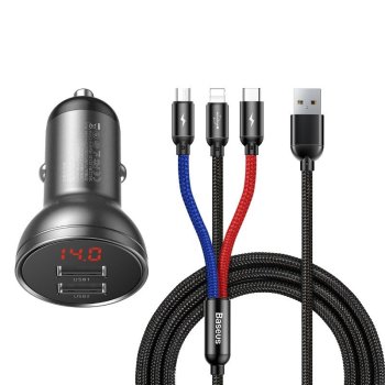 Baseus Digital Display Car Charger Dual Port USB, 24W, 3A, Gray + USB 3in1 Cable | Automašīnas Telefona Lādētājs + USB Tipa C VAds