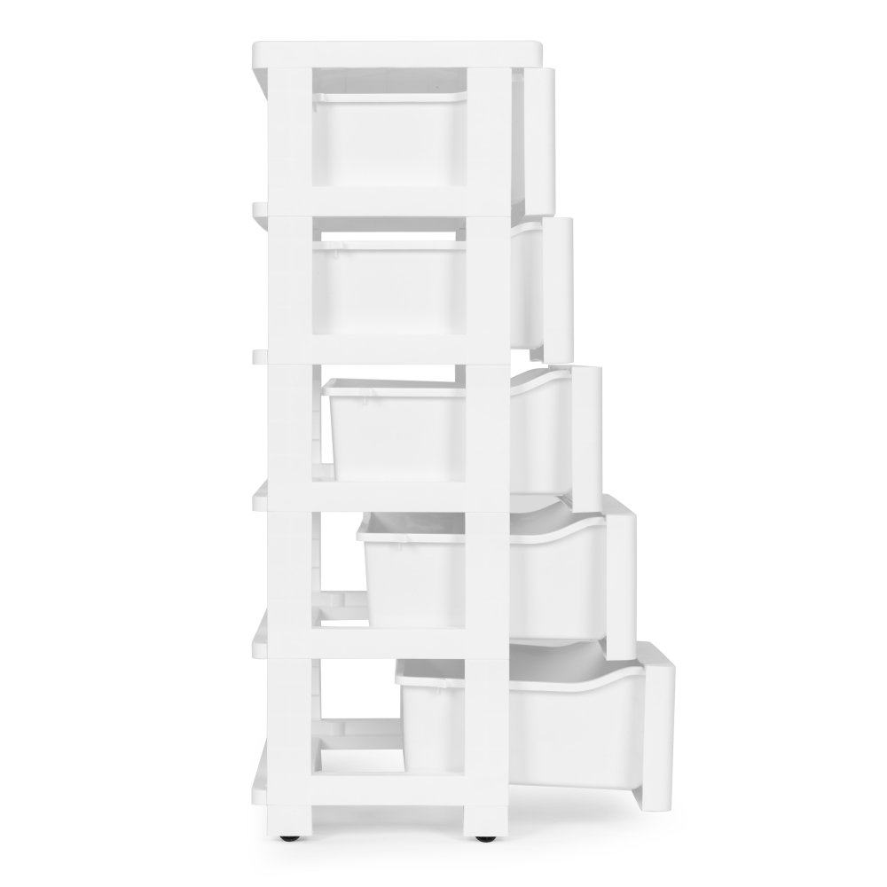 Plaukts ar 5 atvilktnēm uz ritentiņiem ModernHome, balts (3)