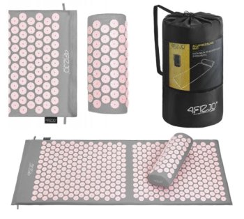 4Fizjo akupresūras paklājs, akupunktūras adatu masāžas paklājiņš, Kuznecova aplikators, komplekts ar spilvenu, 110x42 cm, Pelēks/Rozā | Acupuncture Massage Mat
