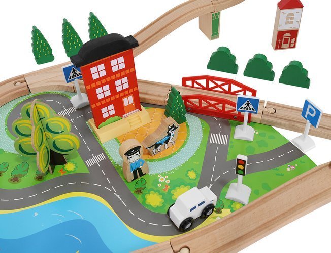 Bērnu Spēļu Rotaļu Koka Dzelzceļš Vilciena Sliežu Trase ar Vilcieniem, 88 elementi | Kid's Wooden Railway Train... (2)