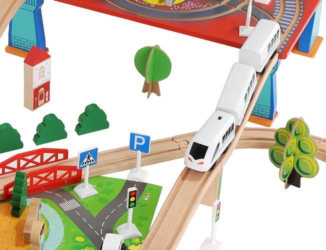 Bērnu Spēļu Rotaļu Koka Dzelzceļš Vilciena Sliežu Trase ar Vilcieniem, 88 elementi | Kid's Wooden Railway Train... (13)
