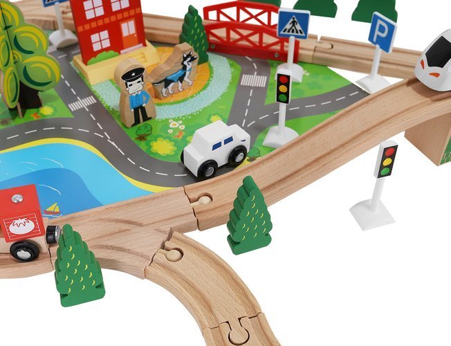 Bērnu Spēļu Rotaļu Koka Dzelzceļš Vilciena Sliežu Trase ar Vilcieniem, 88 elementi | Kid's Wooden Railway Train... (17)