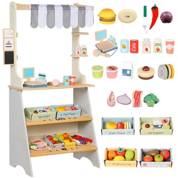 Bērnu dārzeņu stends lete, spēļu koka lielveikals + piederumi | Kids Wooden Supermarket