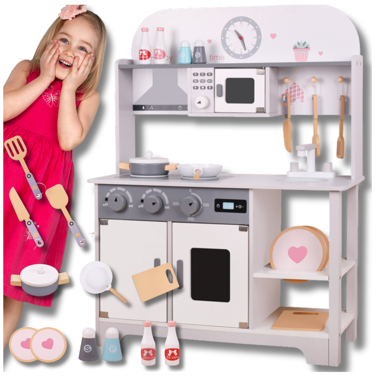Liela bērnu koka virtuve, spēļu virtuves iekārta ar piederumiem | Large Kids Toy Wooden Kitchen