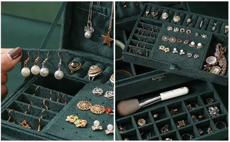 Juvelierizstrādājumu Organizators Bižutērijas Rotaslietu Uzglabāšanas Kaste Lāde, Zaļš | Jewelry Organizer Box (6)