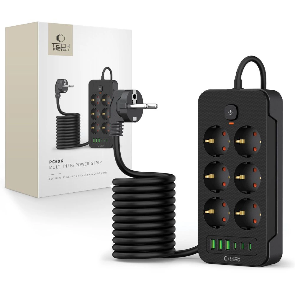 Tech-Protect PC6X6 Power Strip 6 rozetes 240V + 3xUSB-A 3xUSB-C 200cm - melns | Sockets Black