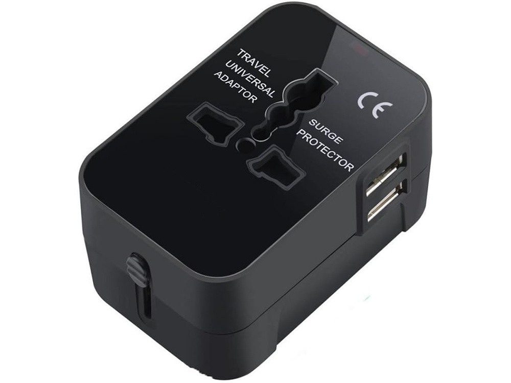 Universāls ceļojumu adapteris ar 2 USB, UK/USA/EU/AUS, melns (1)