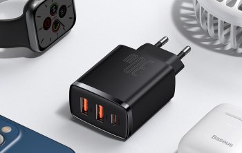 Baseus Compact 2xUSB + Type C Portable Wall Charger Adapter 30W, Black | Адаптер Зарядное Устройство для Быстрой Зарядки
