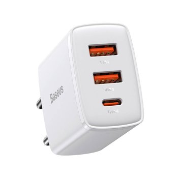 Baseus Compact 2xUSB + Type C Portable Wall Charger Adapter 30W, White | Адаптер Зарядное Устройство для Быстрой Зарядки
