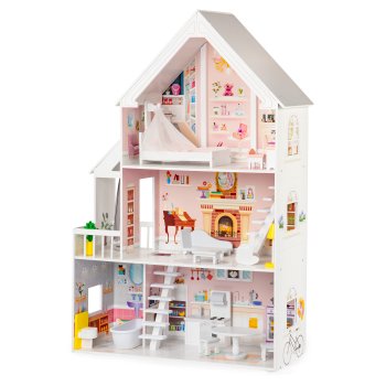 Деревянный кукольный домик 3 этажа XXL, 15 предметов, ECOTOYS, розовый