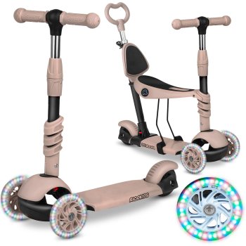 Детский 3-в-1 трёхколёсный самокат Ricokids Todi с LED колёсами, бежевый