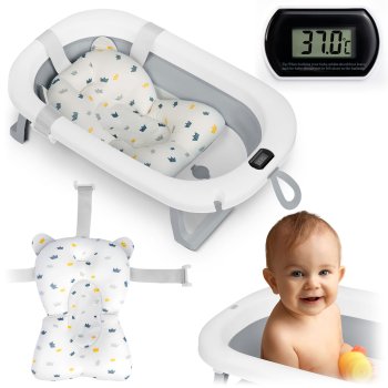 Складная детская ванночка с термометром и вкладышем Ricokids RK-287, бело-серая