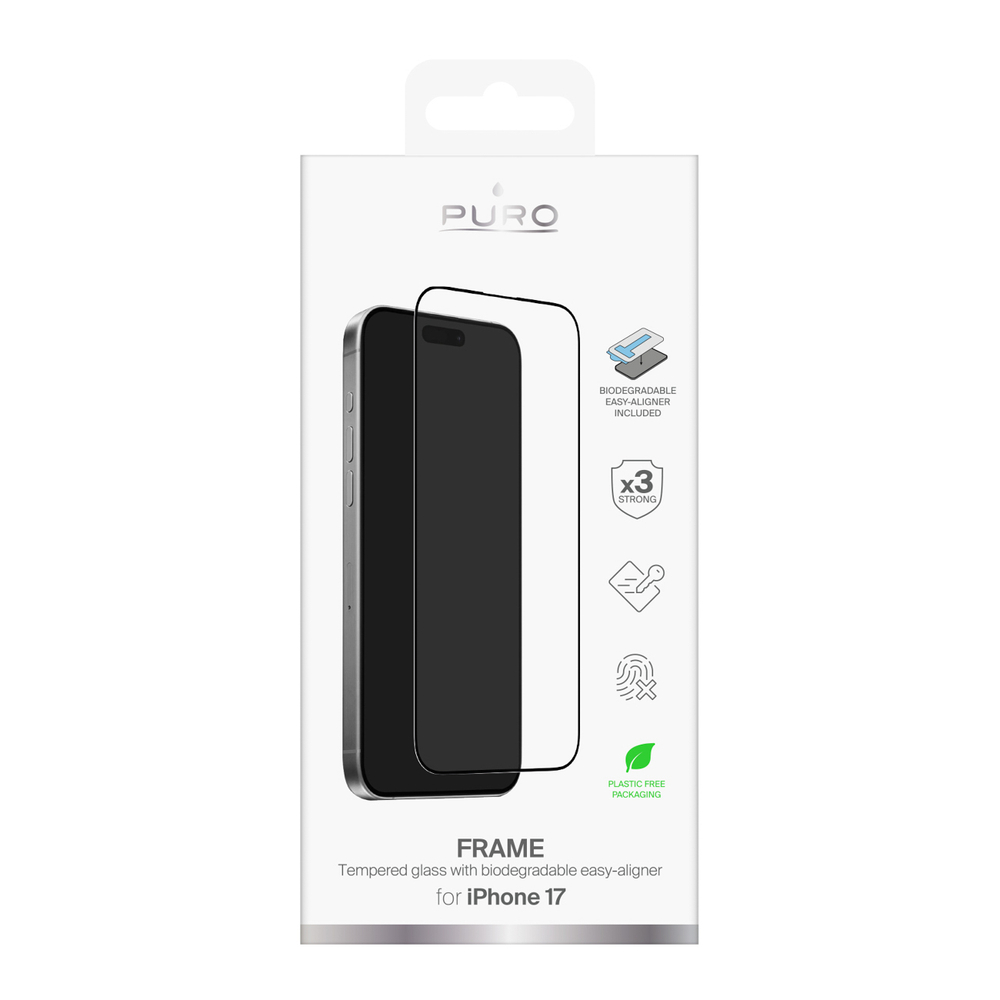 Puro Frame закалённое стекло для iPhone 17 с аппликатором и чёрной рамкой (0)