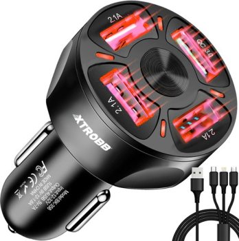 Автомобильное Зарядное Устройство на 4 Разъема + USB 3in1 Провод, 3A,...