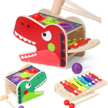 Деревянная игрушка "динозавр T-Rex" с молотком, сортировщиком и...