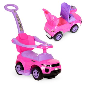 Детская машинка-каталка 3 в 1 Super Car с ручкой, розовая