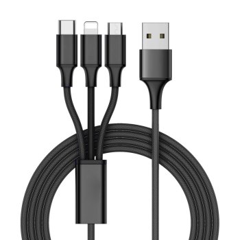 USB кабель 3-в-1 для телефона Lightning, Micro USB, Type-C, 1,2 м, черный