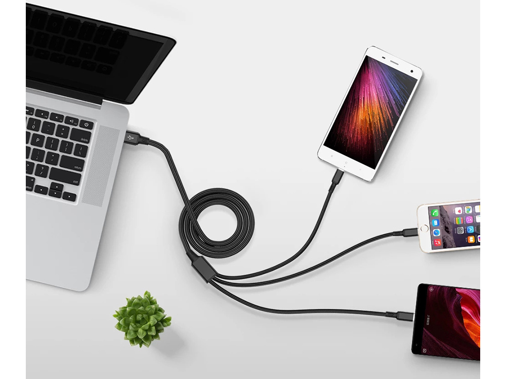USB кабель 3-в-1 для телефона Lightning, Micro USB, Type-C, 1,2 м, черный (3)