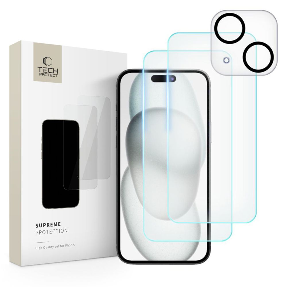 Apple iPhone 15 6.1'' Tech-Protect Supreme Tempered Glass 2x + Camera Glass | Защитная Стекло для Экрана 2 шт. + Защитное стекло камеры