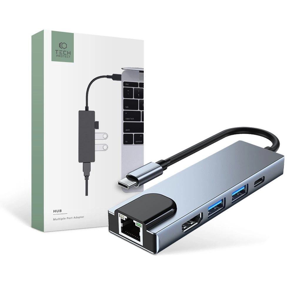 HUB Tech-Protect V3 5in1 USB-C - USB-A 3.0 / 2.0 HDMI RJ45 серый