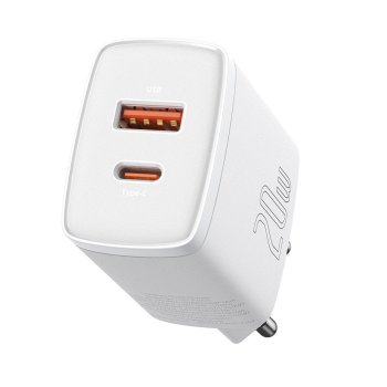 Baseus Compact Wall Charger Adapter USB / USB Type C PD 20W, White | Зарядное Устройство