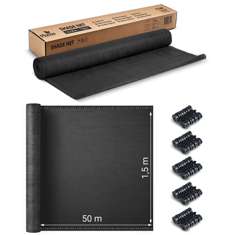 Plonos Серая затеняющая сетка 1,5x50м 140г/м² + 50 зажимов для сада и... (0)