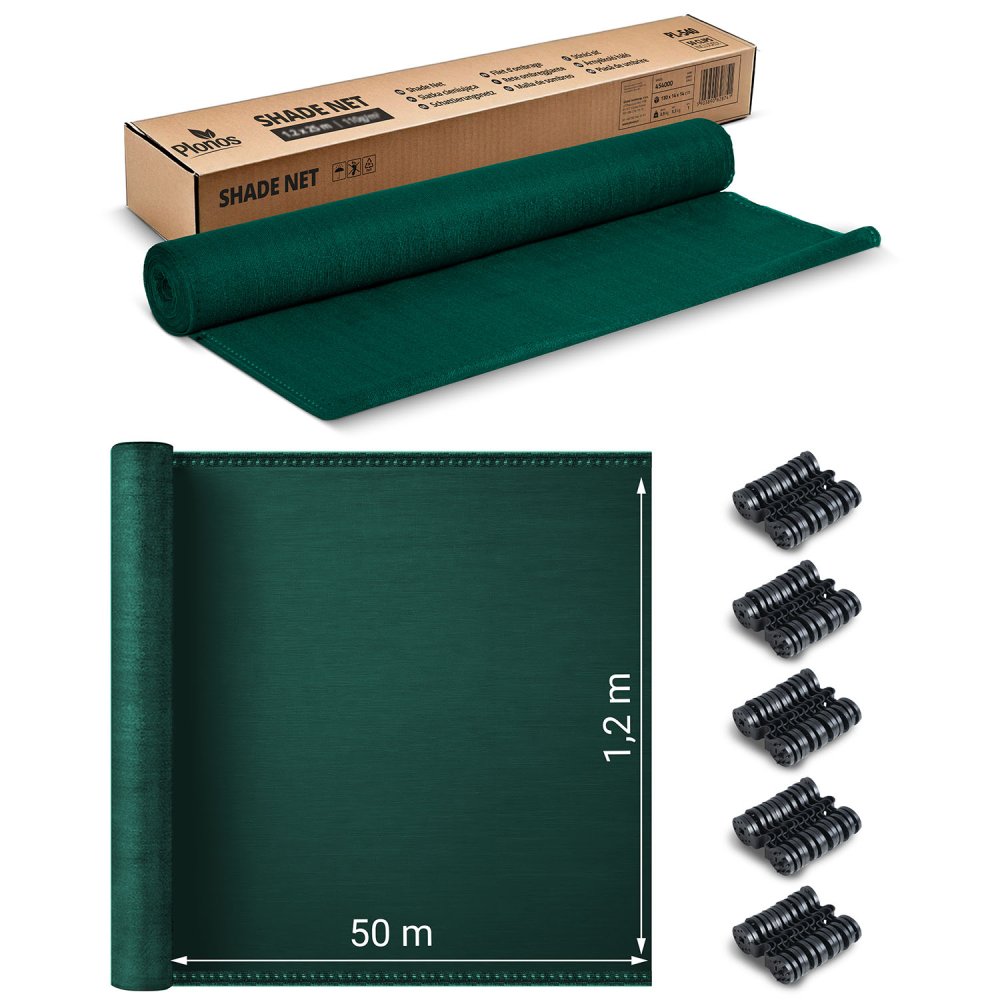Plonos сетка затеняющая 1,2x50 м 140 г/м² с 50 креплениями, зелёная (1)