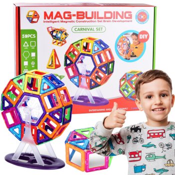 Детский игровой набор строительных магнитных блоков с колесом...