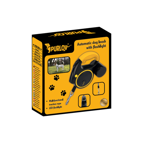 Поводок-рулетка с фонариком 5м для собак Purlov 25965, черный / желтый (0)