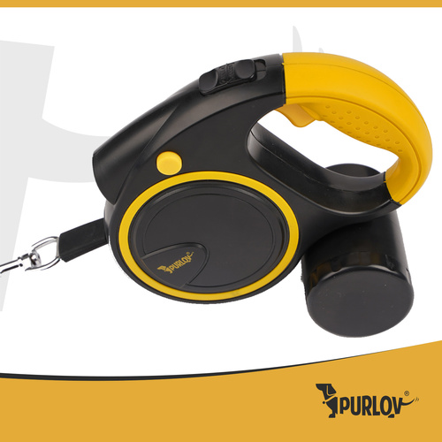Поводок-рулетка с фонариком 5м для собак Purlov 25965, черный / желтый (2)