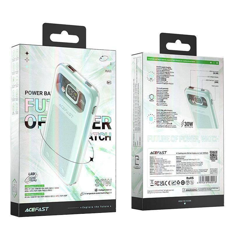 Acefast Sparkling Series Power Bank with LCD Display 10000mAh, 30W, Green | Портативное Зарядное... (1)