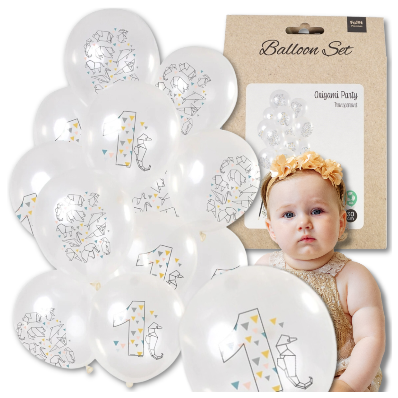 Большие прозрачные шары на годик Оригами 12 шт, белые