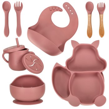 Набор силиконовой детской посуды 9 элементов, темно-розовый | Set of silicone children's dishes 9 elements