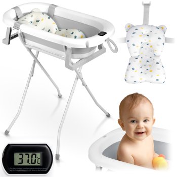 Складная детская ванночка Ricokids RK-287 с подставкой, термометром и горкой, бело-серая