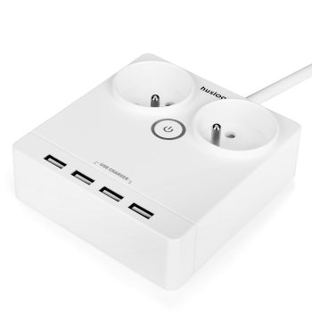 Плоский сетевой фильтр с USB Huslog EMX-190124, 2 розетки, кабель 1.5 м, белый