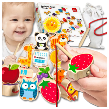 Деревянная шнуровка Монтессори 42 детали: алфавит, животные, фрукты