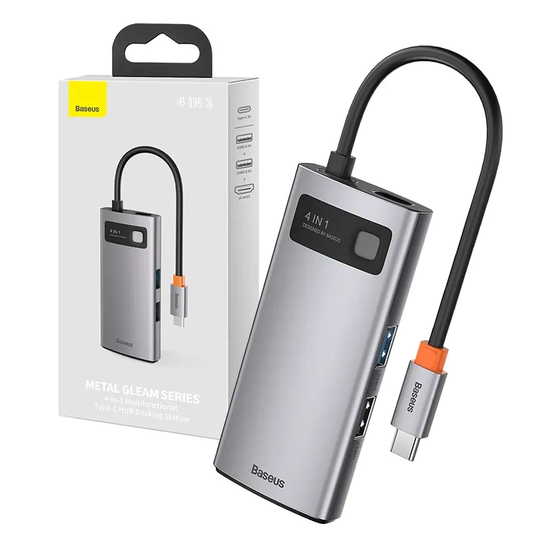 Baseus Metal Gleam 4в1 USB-C хаб, HDMI 4K, USB 3.0, PD 100W, серый